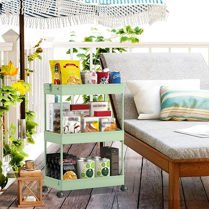 SPACEKEEPER Green 3-Tier Rolling Storage Cart, Bathroom & Kitchen Organizer, Modern Plastic Frame, Adjustable Shelves