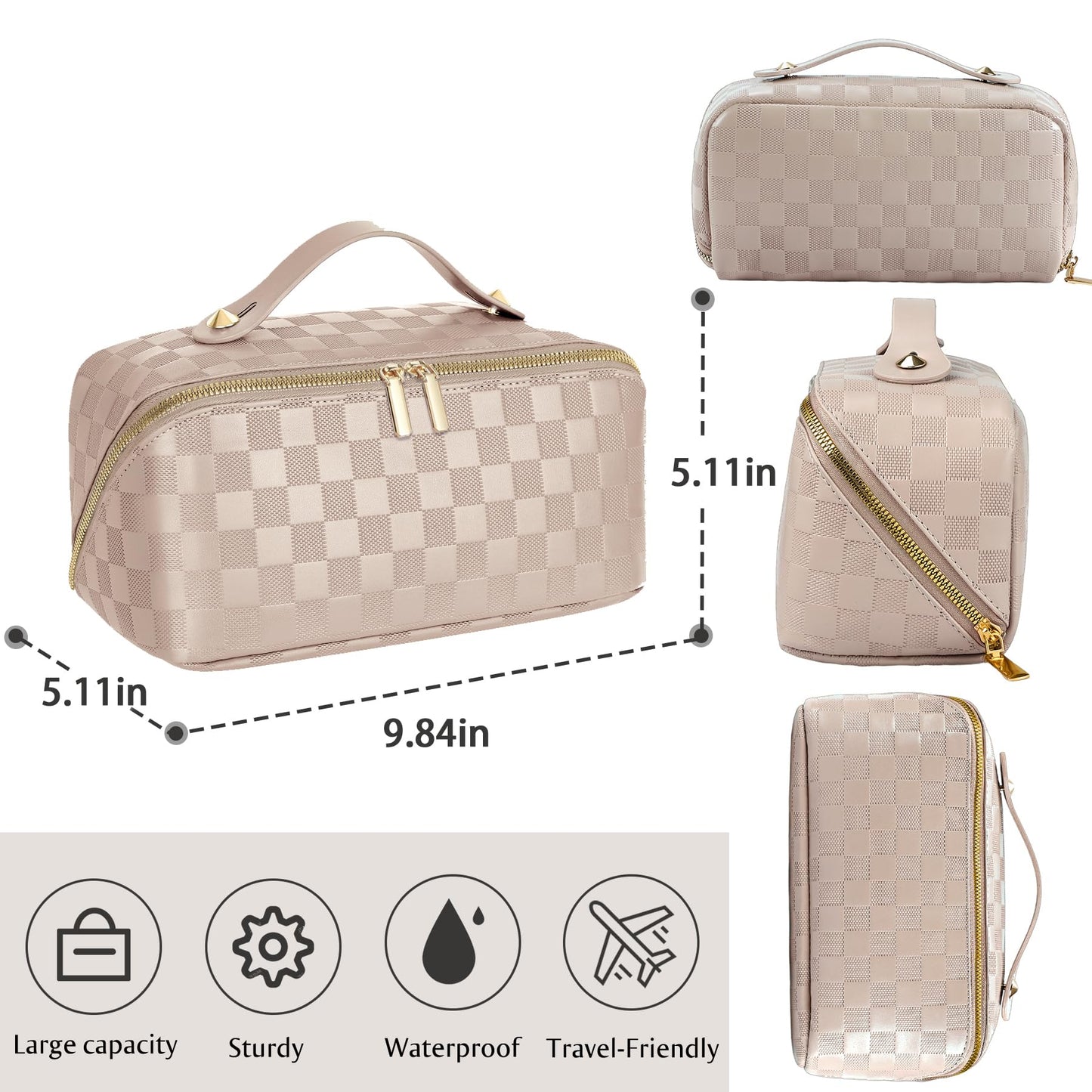 Large Capacity Travel Cosmetic Bag - Open Flat Makeup Bags for Women Waterproof PU Leather Checkered Makeup Organizer Bag,Toiletry Bag for Cosmetics, Portable Make up Bag for Travel Essentials, Khaki