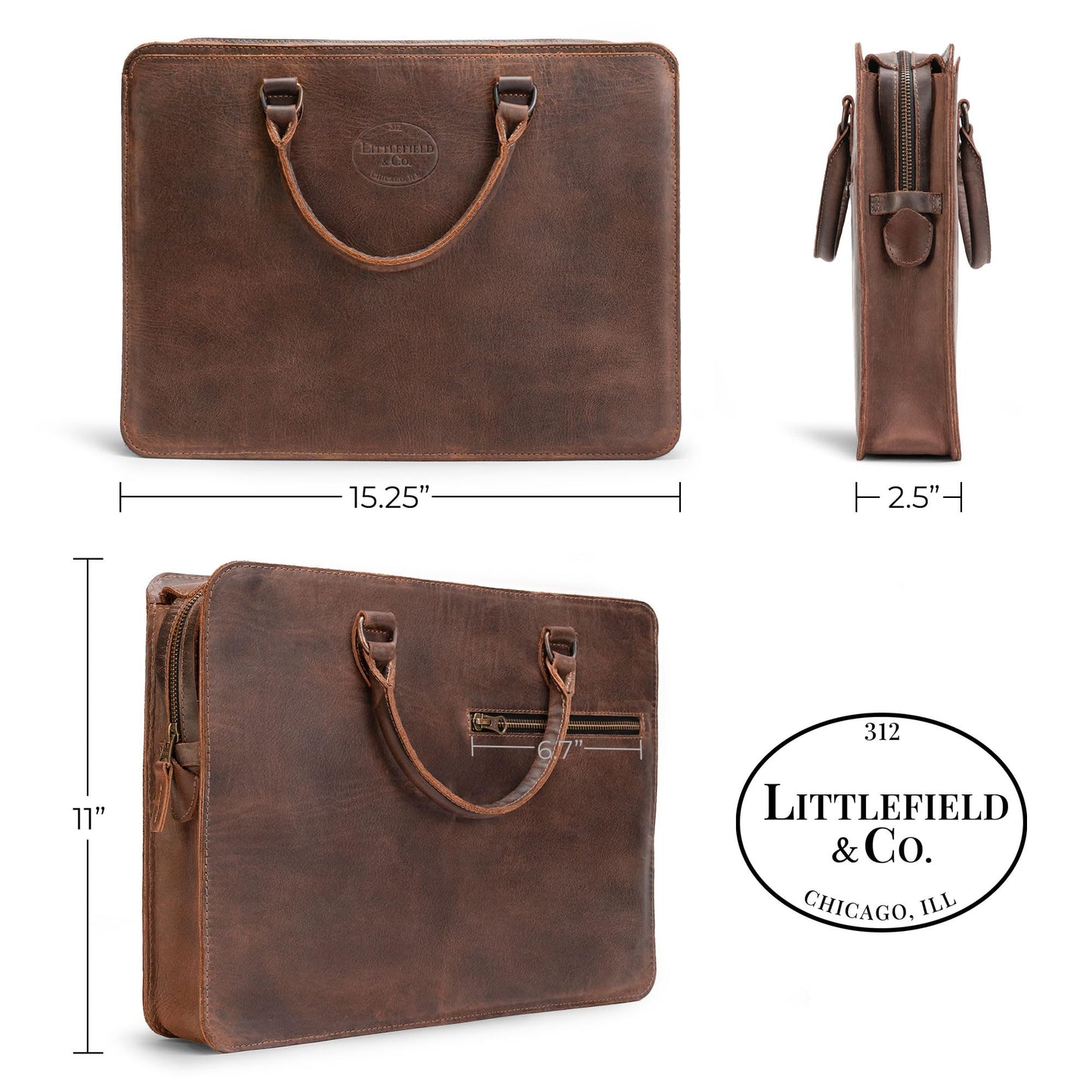 Littlefield & Co., Classic Portfolio Document Holder with Handles, Padfolio with Zipper Closure, Rustic Briefcase, Full Grain Leather, Handmade, Bourbon Brown