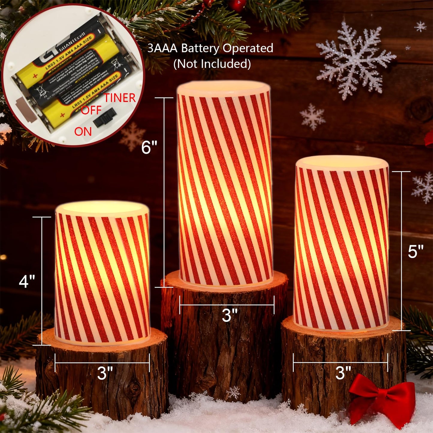 Wondise Christmas Red Stripes Glitter Flickering Flameless Candles with 6H Timer, Battery Operated Pillar Candles, Real Wax LED Candles for Home Christmas Decoration Gift(D3 x H4 x5 x6)