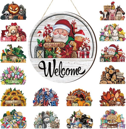 Yousoontic 17 Pcs 12 Inch Magnetic Welcome Door Sign Interchangeable Front Door Decor Rustic Fall Seasonal Hanging Sign Halloween Christmas Decor for Home Warming Gift(Classic Color,Welcome)