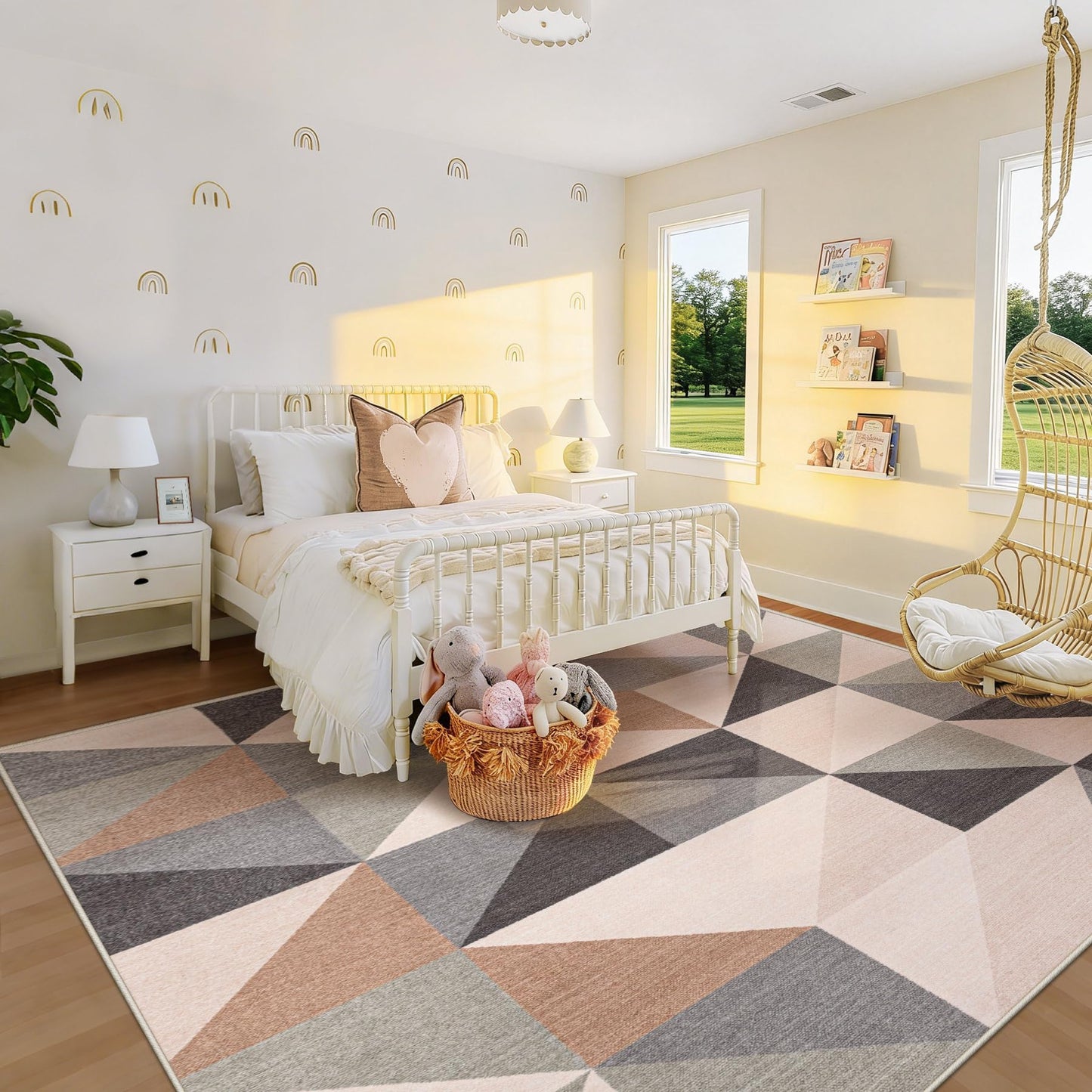 Washable Rug 8x10 Area Rugs: Modern Geometric Area Rug for Living Room Non-Slip Neutral Soft Carpet Low Pile Stain Resistant Indoor Rugs for Bedroom Nursery Dining Room Office (Beige Brown, 8'X10')