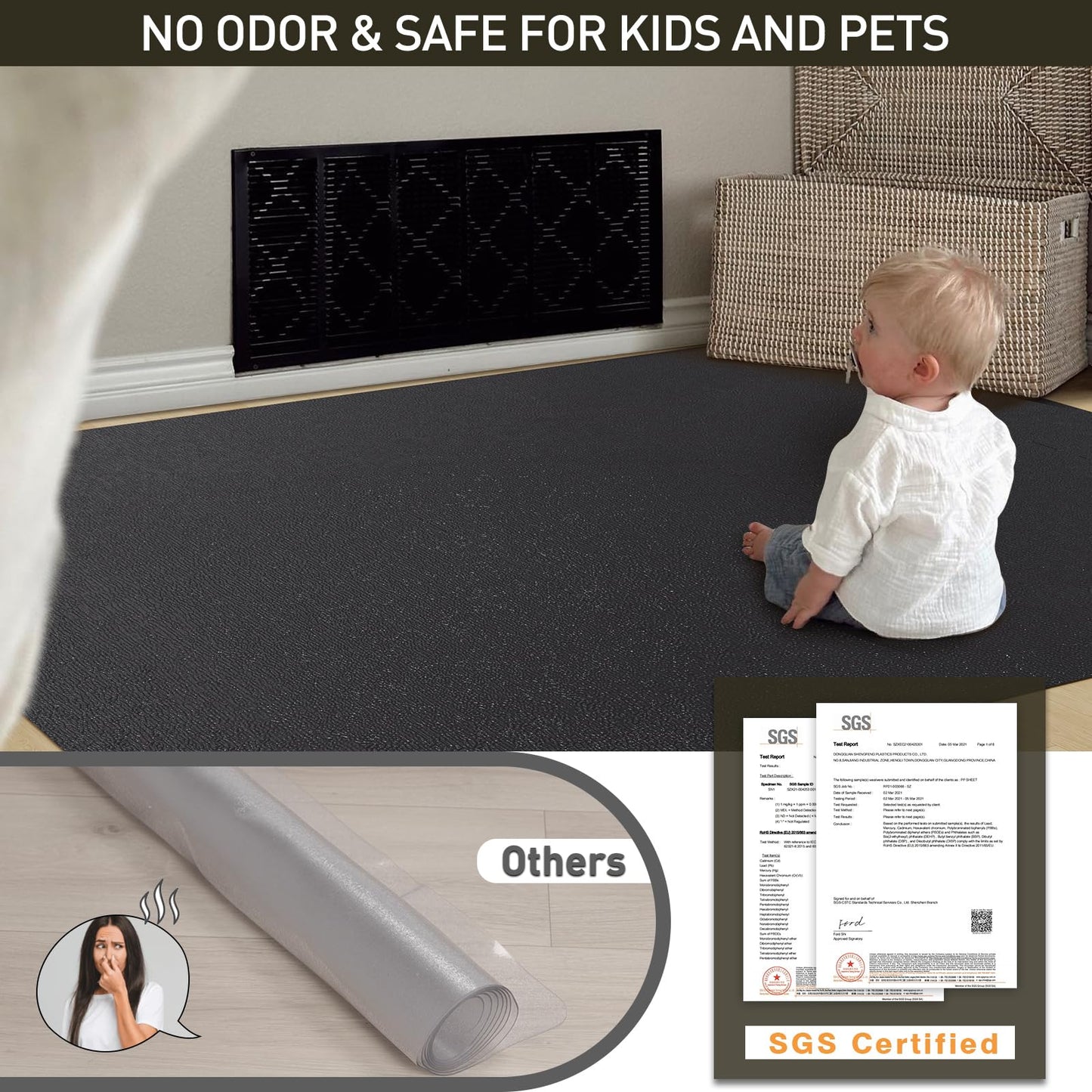 ZPAI Area Floor Mat for Home, 3'×5' Black No Slip Waterproof Vinyl Area Rug for Hard Floor, Spill Resistant Floor Protector Cover for Kitchen, Easy Clean Splat Mat for Under High Chair