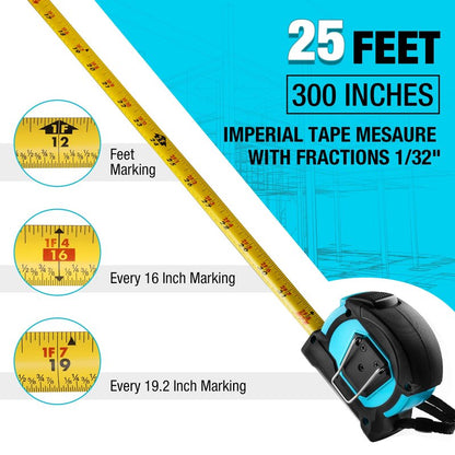 DURATECH 25FT Auto-Lock Tape Measure, Easy Read Magnetic Measuring Tape with Fractions 1/8″, Double Sided Measurement Tape with Minimum Scale 1/32″, Magnetic Hook, and Rubber Protective Casing