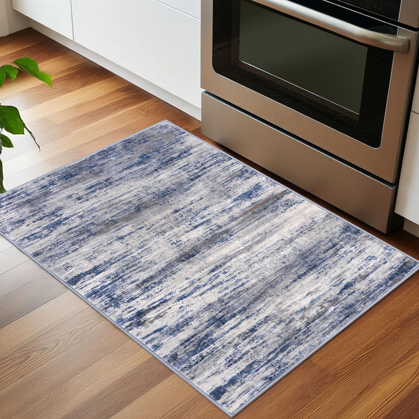 KOZYFLY Modern Abstract Rugs for Entryway 2x3, Washable Kitchen Rug Non-Slip Soft Small Area Rug, Grey-Blue Striped Throw Rugs Faux Wool Doormat for Bedside Entrance Bathroom Sink