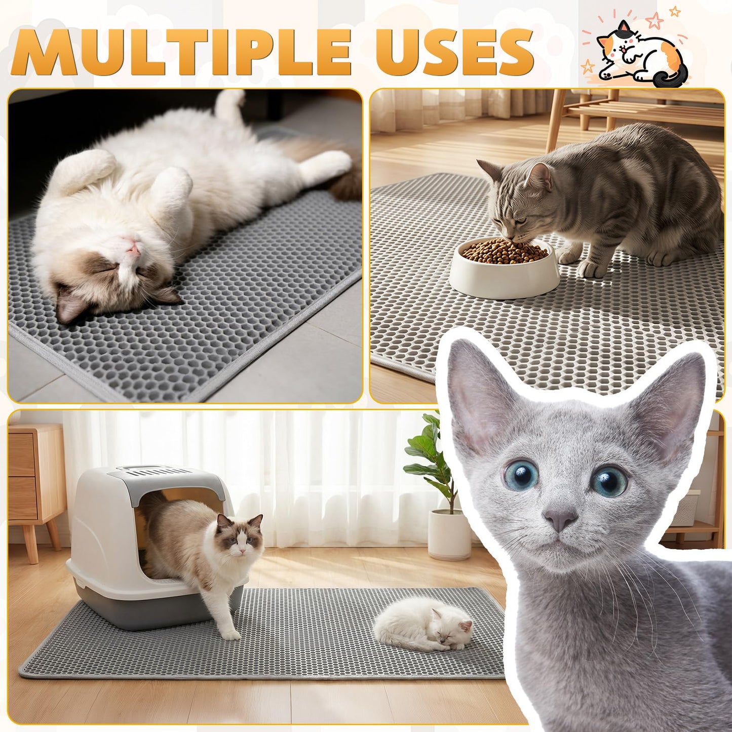 Kozvva Cat Litter Mat, Honeycomb Double Layer Waterproof & Urine Resistant Non-Slip Litter Trapping, Easy Clean Washable Scatter Control for Litter Box (Gray, 24x15 Inch)