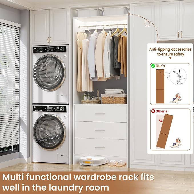 Aheaplus 2FT Closet System with 3 Drawers, 24’’ Closet Organizer, Wood Closet Organizer System, Walk-in Closet or Small Closets Wardrobe, Clothes Rack with Hanging Rods,-E6, White