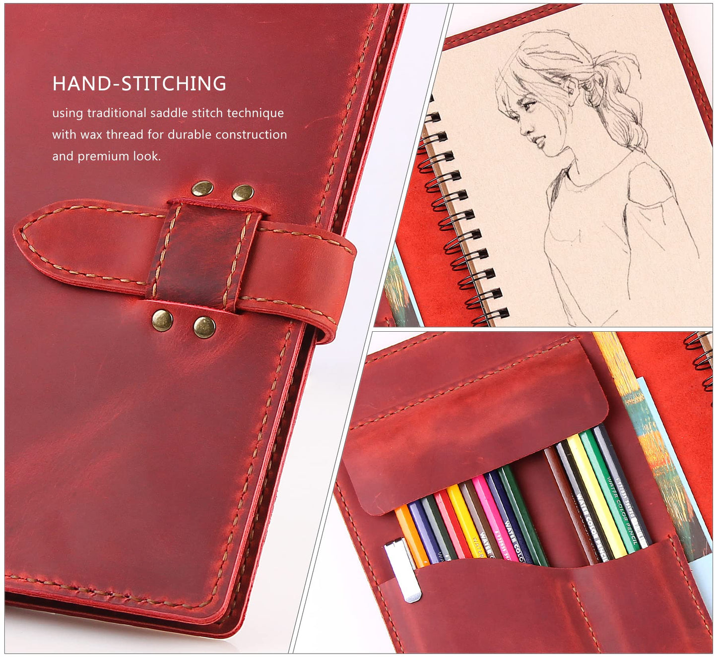 Robrasim Handmade Leather Sketchbook Cover, Leather Artist Sketch Pad Cover for 5.5" x 8.5" Sketchbook, Drawing Book and Pencil Case, Journal Notebook Portfolio, Artis Gifts-Wine