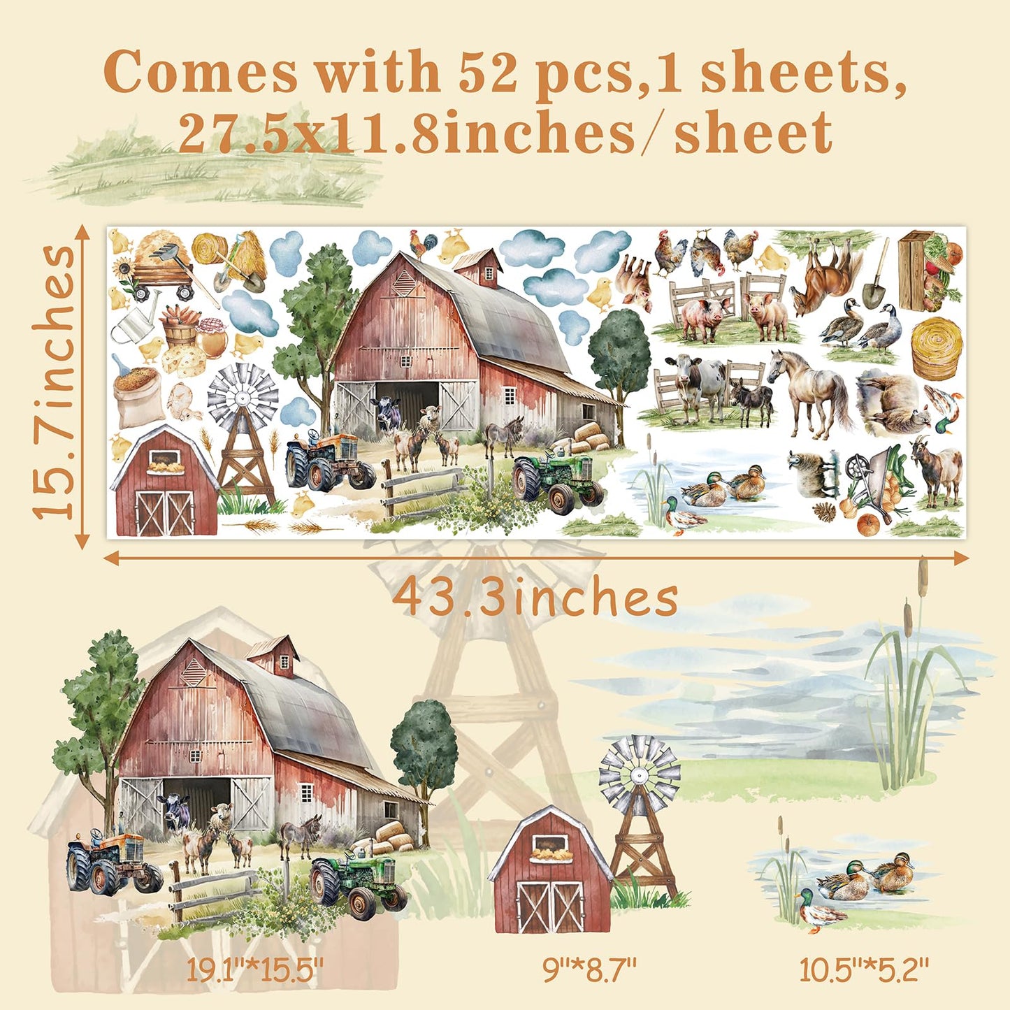 Large Farm Animal Wall Decals Peel and Stick Funny Animal Wall Stickers Farmhouse Decoration Sheep Chicken Rooster Duck Horse Pig Cow Cute Farm Wall Stickers for Kids Room Playroom Kitchen Decor