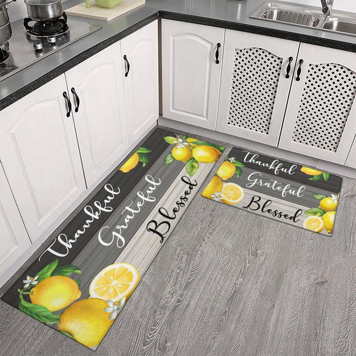 Ghroiep 2 Piece Lemon Kitchen Decor Rugs Set, Farmhouse Country Kitchen Rugs and Mats Non Skid Washable Absorbent Microfiber Kitchen Accessories Decoration Floor Mats 17"x47"+17"x30"