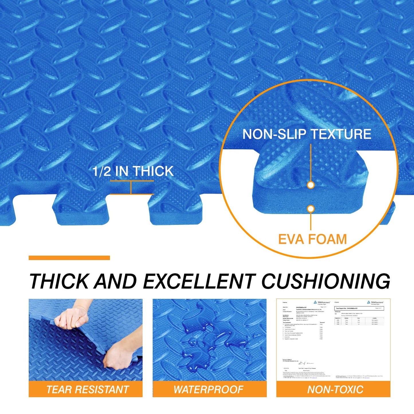 Mat Block Interlocking Foam Tiles Puzzle Mats for Floor 24 SQ FT, 1/2 inch, 6 Tiles, EVA Gym Mat Flooring Exercise Equipment Mat for Home Gym Equipment, Blue