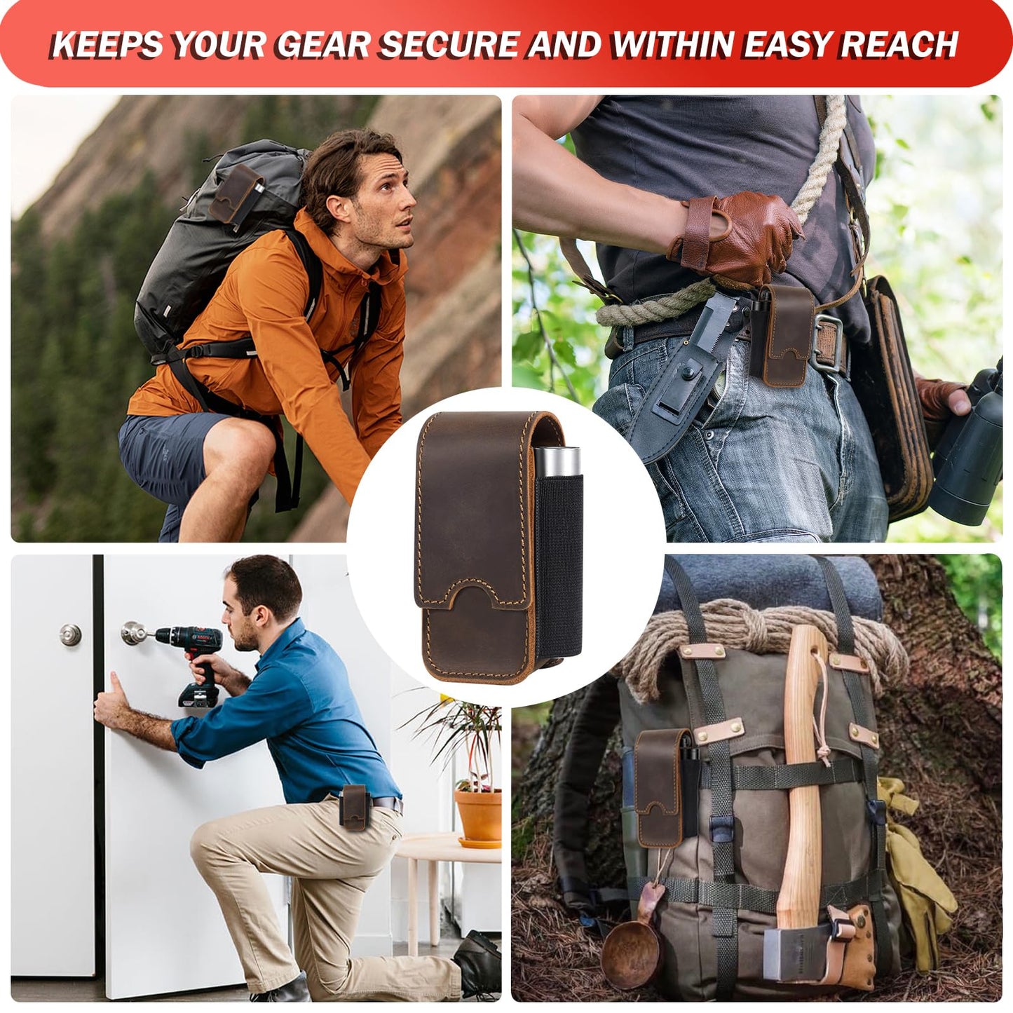 Vinanker Genuine Leather Multitool Pouch for Leatherman, EDC Belt Organizer Holster with Dual-Compartment Multitool Sheath for Men (Darkbrown)
