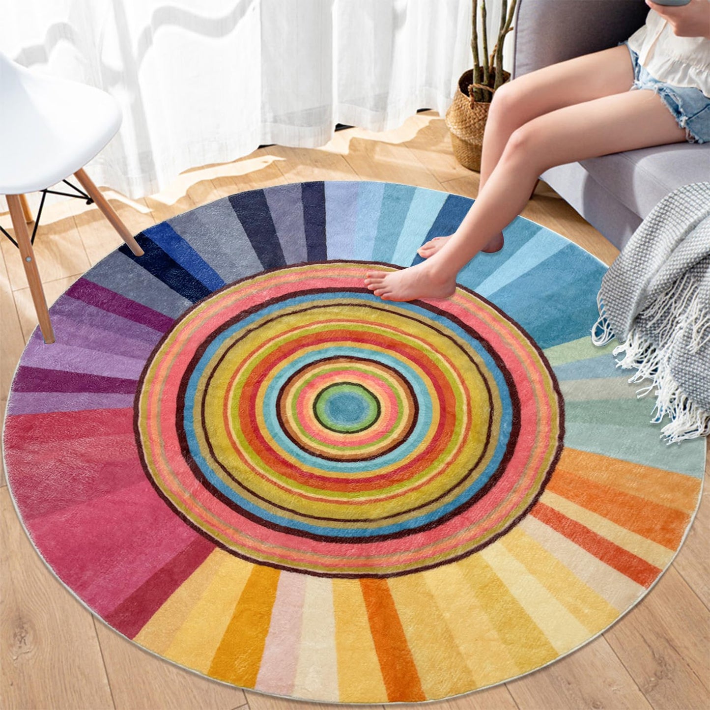 Lacomfy Kids Rug Circle Sun Rug 4Ft Round Modern Abstract Girls Bedroom Carpet Round Rainbow Nursery Mat Playroom Bedside Area Rug for Children Cartoon Crawling Mat for Home Decor