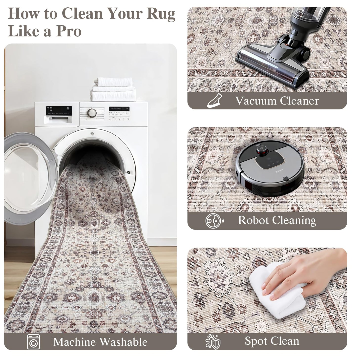 Washable 3x3 Square Rug for Entry Bathroom Kitchen Bedroom Carpet - Non Slip Stain Resistant Low Pile Soft Door mat - Protect Hardwood and Laminate Flooring Floral Farmhouse Decor 3x3 Beige