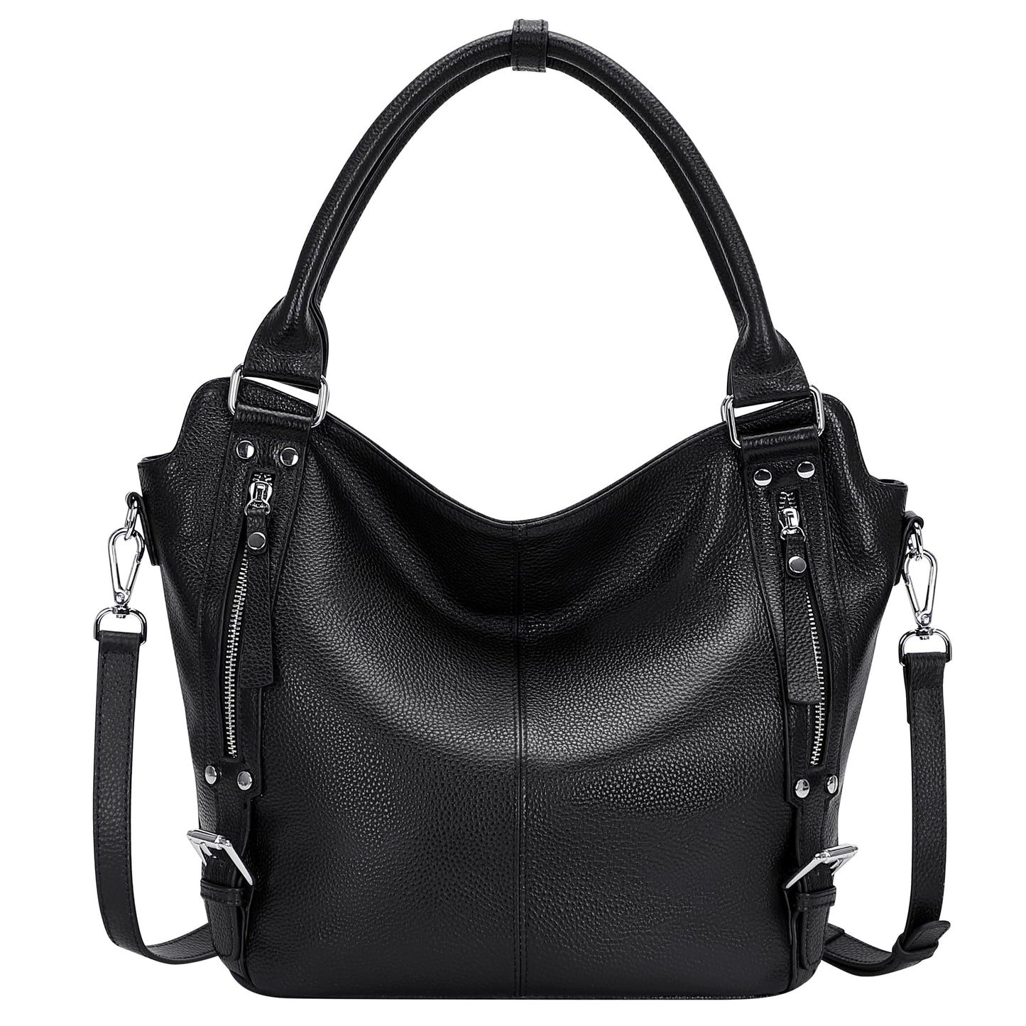 Over Earth Genuine Leather Handbags for Women Hobo Shoulder Bags Ladies Tote Bag(O172E Black)