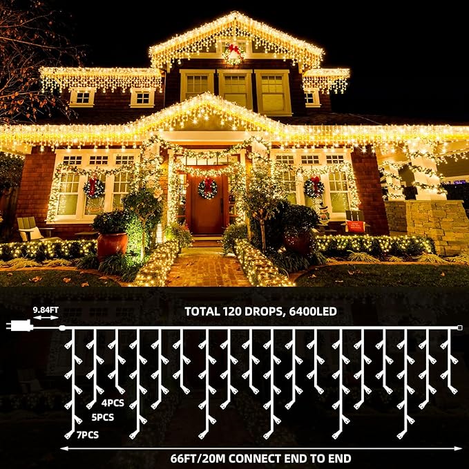 66 Ft 640 LED Christmas Icicle Lights Extra Long 8 Modes Waterproof Icicle String Light with 120 Drops, Fairy Hanging Lights Decor with Remote for Xmas Wedding Indoor Outdoor Warm White