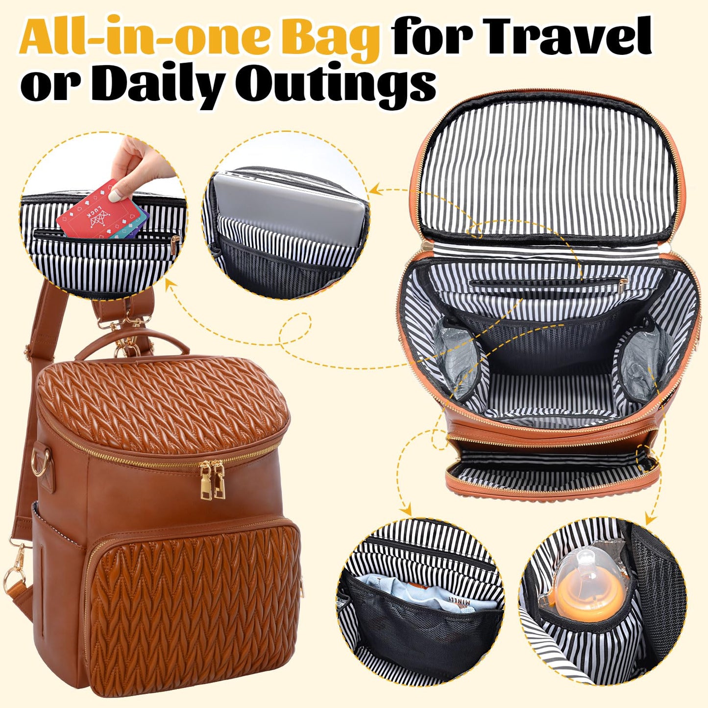 Minsong Diaper Bag Backpack, Fashion Leather Mommy Backpacks, Travel Baby Diaper Bags with in Bag Organizer and Changing Pad (Brown-stripes)
