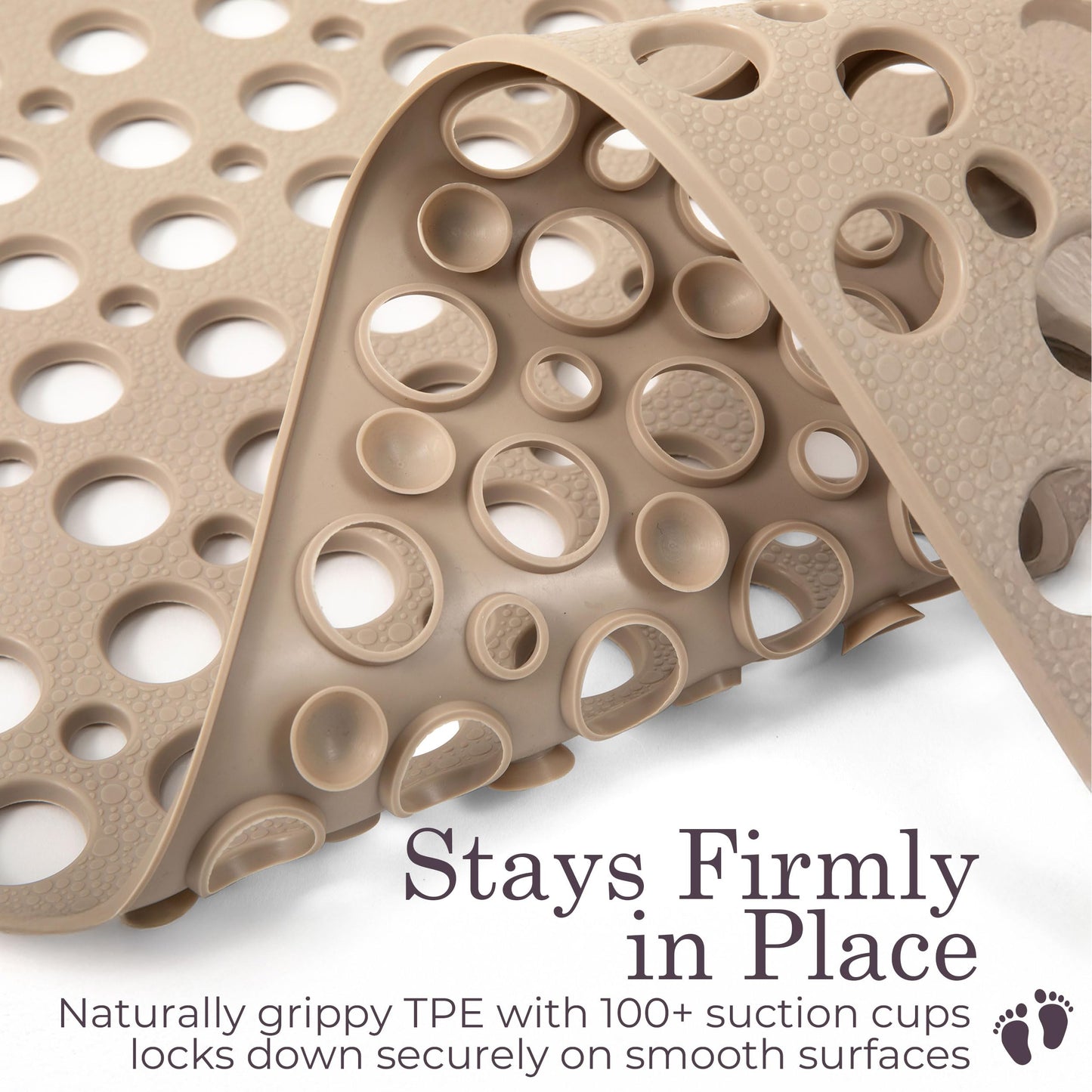 LUMA HOME Non Slip Shower Mat for Bathtub, Beige TPE Bath Mat with Strong Suction Cups, Quick-Dry Drain Holes, Soft Textured Surface, Spa-Inspired, 30x17 Inch