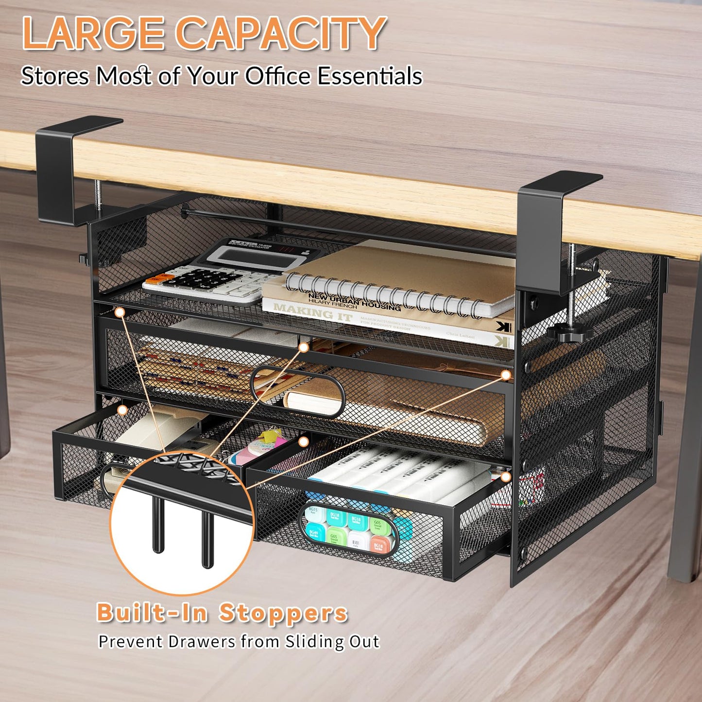 Under Desk Drawer Organizer 3 Layer, Large Under Desk Storage Side Drawers for Home & Office, Drill-Free Clamp-on Installation for Small Space, Spacious Storage for Office Supplies, Papers
