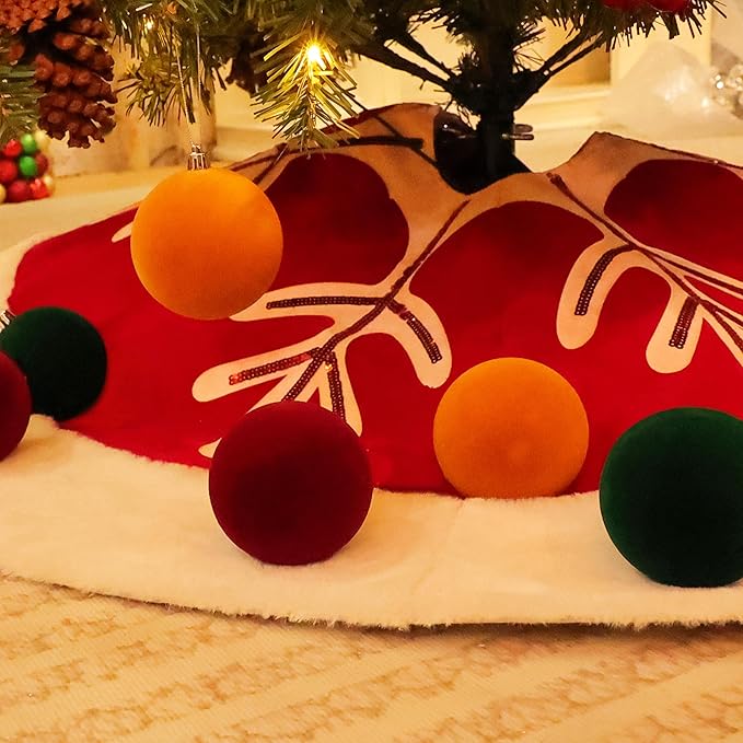 Amooca 3.15in Large Christmas Balls Ornaments Flocking Xmas Tree Hanging Decoration New Year Holiday Party Baubles 6pc Set Red Orange Green