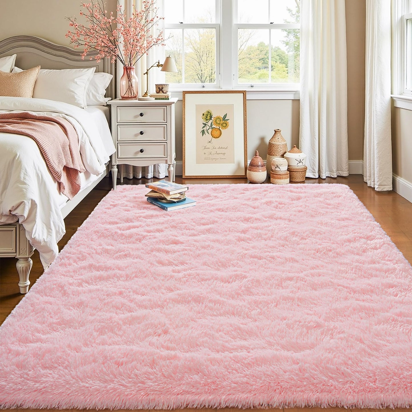 Keeko Fluffy Pink Area Rugs for Bedroom Girls Room, 4x5.3 Cute Shag Kids Room Rugs Nursery Living Room Indoor Fuzzy Bedside Rug Ultra Soft Furry Carpet for Bedroom Teen Baby Dorm Decor