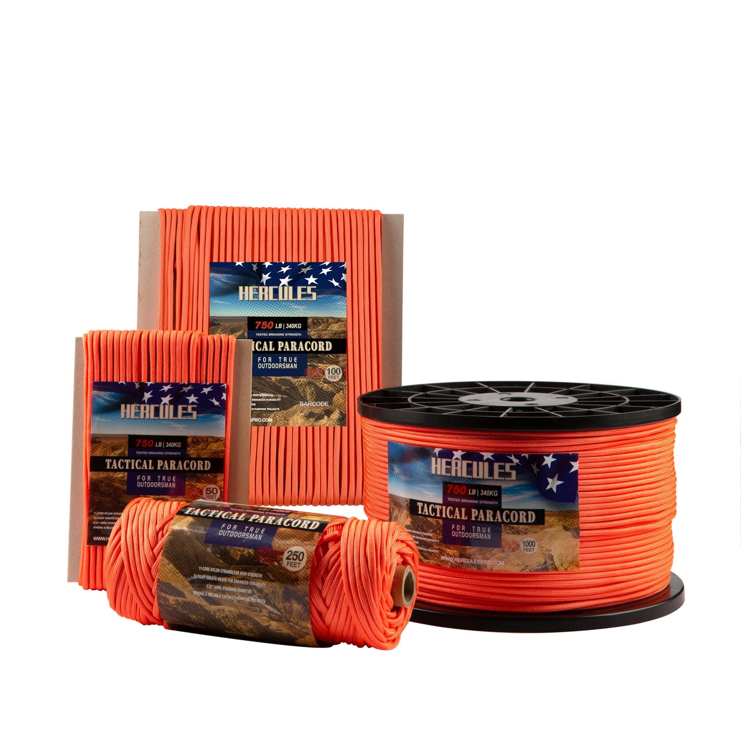 HERCULES 750lb Paracord 4mm 11 Strands Tactical Parachute Cord, 50' 100' 250' 1000' Utility Rope for Camping, Survival, Outdoor Gear (Neon Orange, 50FT)