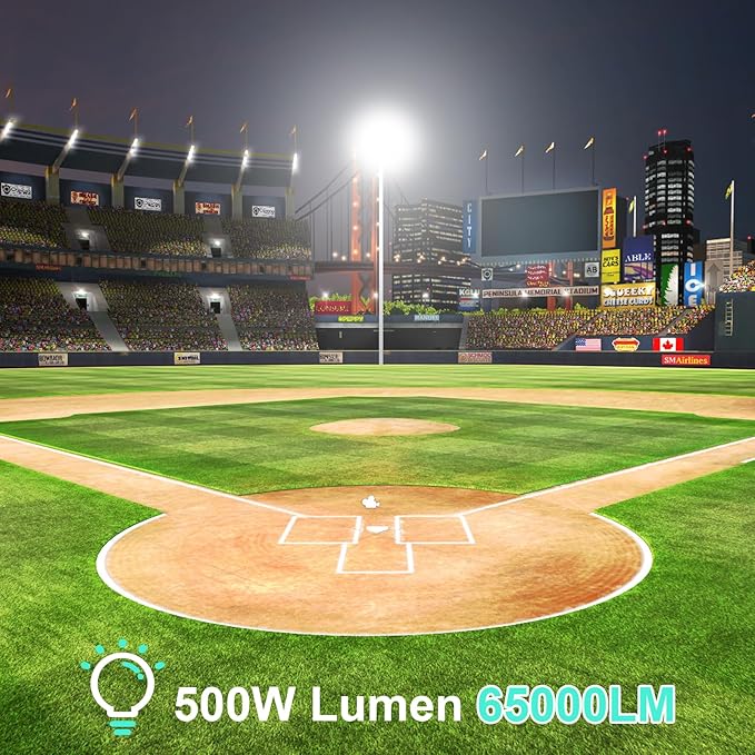 500W Stadium Lights Outdoor LED Flood Light 65000LM,3000W Equivalent 6500K Super Bright LED Arena Lights,IP67 Waterproof Commercial Area Lighting,for Backyard,Sports Fields,Stadium