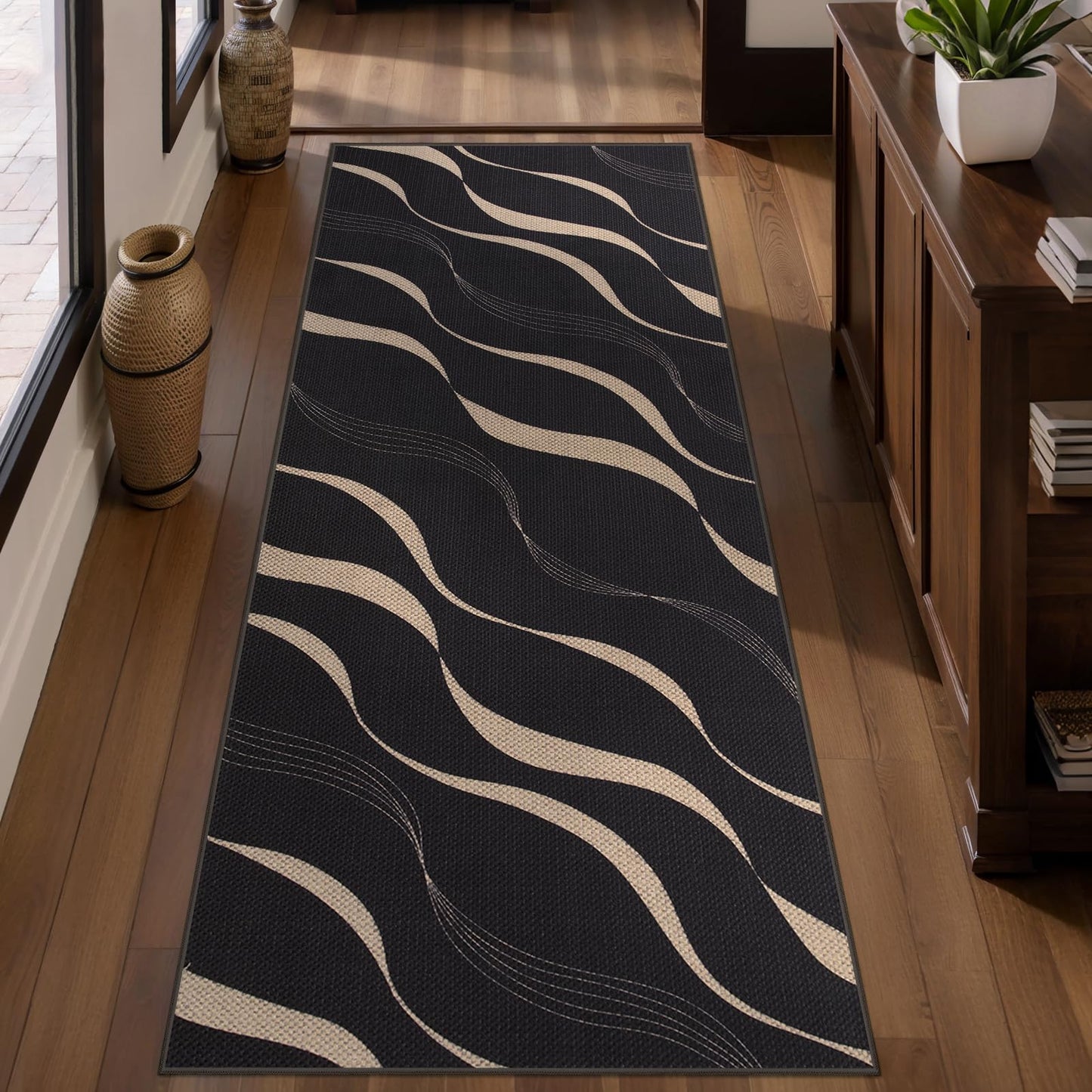 Tangsoo Easy Jute 2x6 Runner Rug for Hallways,Black Washable Non-Slip Outdoor Rug Runner,Modern Farmhouse Wavy Lines Thin Carpet Runner for Laundry Bedroom Kitchen Entryway Porch