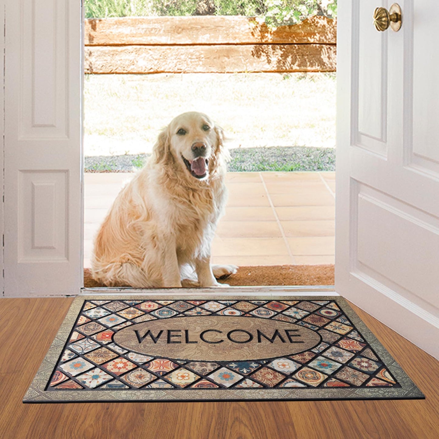 DWKKX Durable Welcome Door Mats 24”x36” Large Front Door Mat Heavy Duty Outdoor Mat for Home Entrance Non-Slip Rubber Outside Door Mat Entryway Floor Mats，Flower