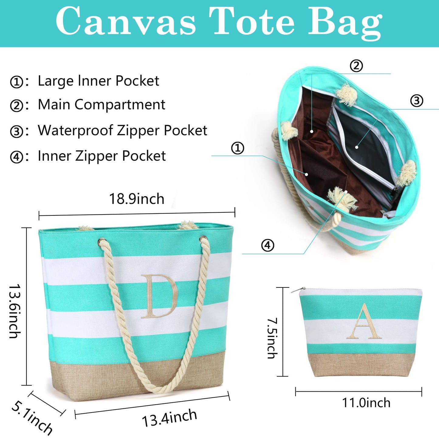 YOOLIFE Gifts for Women - Mothers Day Gifts, Birthday Gift for Women Teacher Bridesmaid Daughter Friend Personalized Beach Bag Initial Beach Tote & Cosmetic Bag J