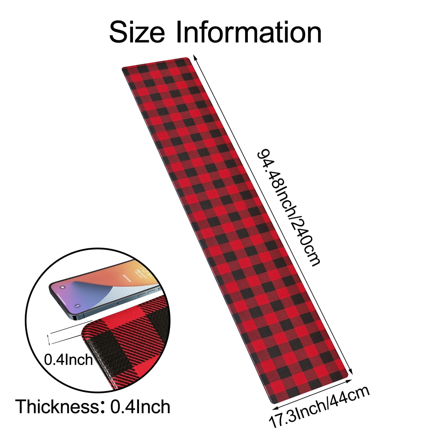 Aoczes Long Kitchen Runner Rug Anti-Fatigue Floor Mat 17.3x94 Inches Black Red Buffalo Plaid Waterproof Non-Slip Comfort Mat for Kitchen, Office, Laundry Room