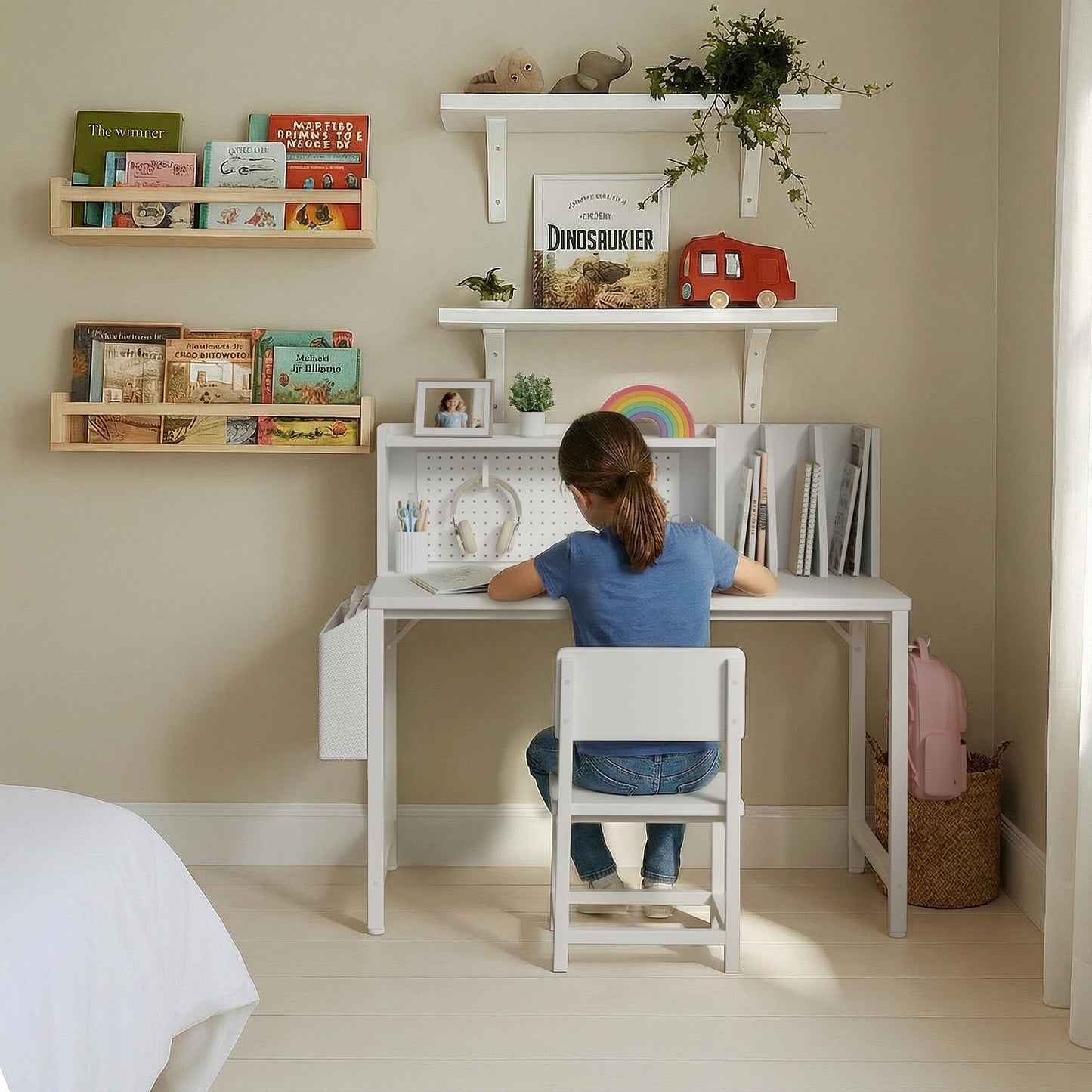 BOLUO Kids Desk and Chair Set for 6-12 Year Old, Children Study Desk with Hutch and Pegboard, Student Writing Table with Storage Shelf for Girls Boys