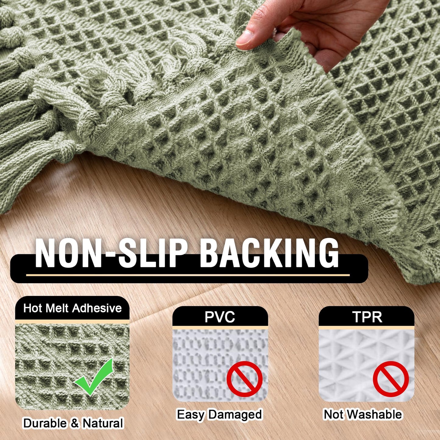 H.VERSAILTEX Waffle Bath Mat Super Absorbent Boho Bath Mat Non Slip Bath Rugs for Bathroom Floor Machine Washable Dry Fast Bathroom Rugs with Tassels (47 x 17 Plus 17 x 24 Inches, Sage)