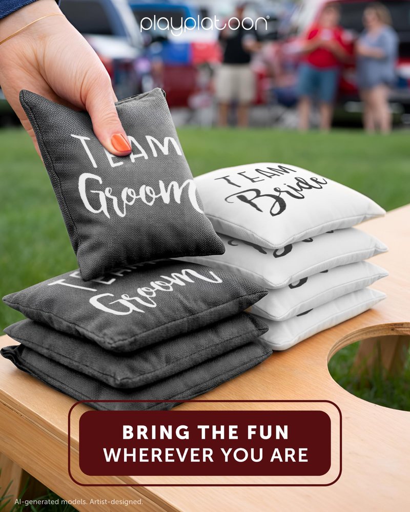 Play Platoon Weather Resistant Cornhole Bags - Set of 8 Regulation Corn Hole Bean Bags - Team Bride & Team Groom Wedding Theme - Durable Duck Cloth Corn Hole Bag for Tossing Game, Includes Tote Bag