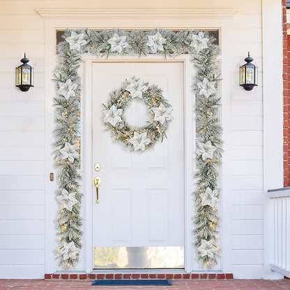 Glitzhome 24" D Pre-Lit Snow Flocked Greenery Pine Poinsettia Christmas Wreath, with 50 Warm White Lights with Timer