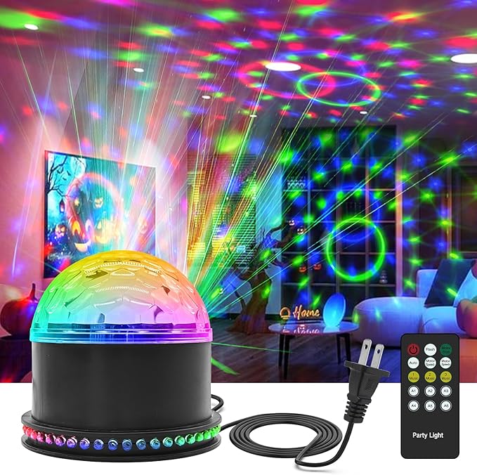 6-Color LED Crystal Party Light with 48 RGB Chasers: Sound Activated DJ Disco Ball & Strobe Stage Lights for Karaoke, Birthday, Christmas, Halloween Decor, Remote Included