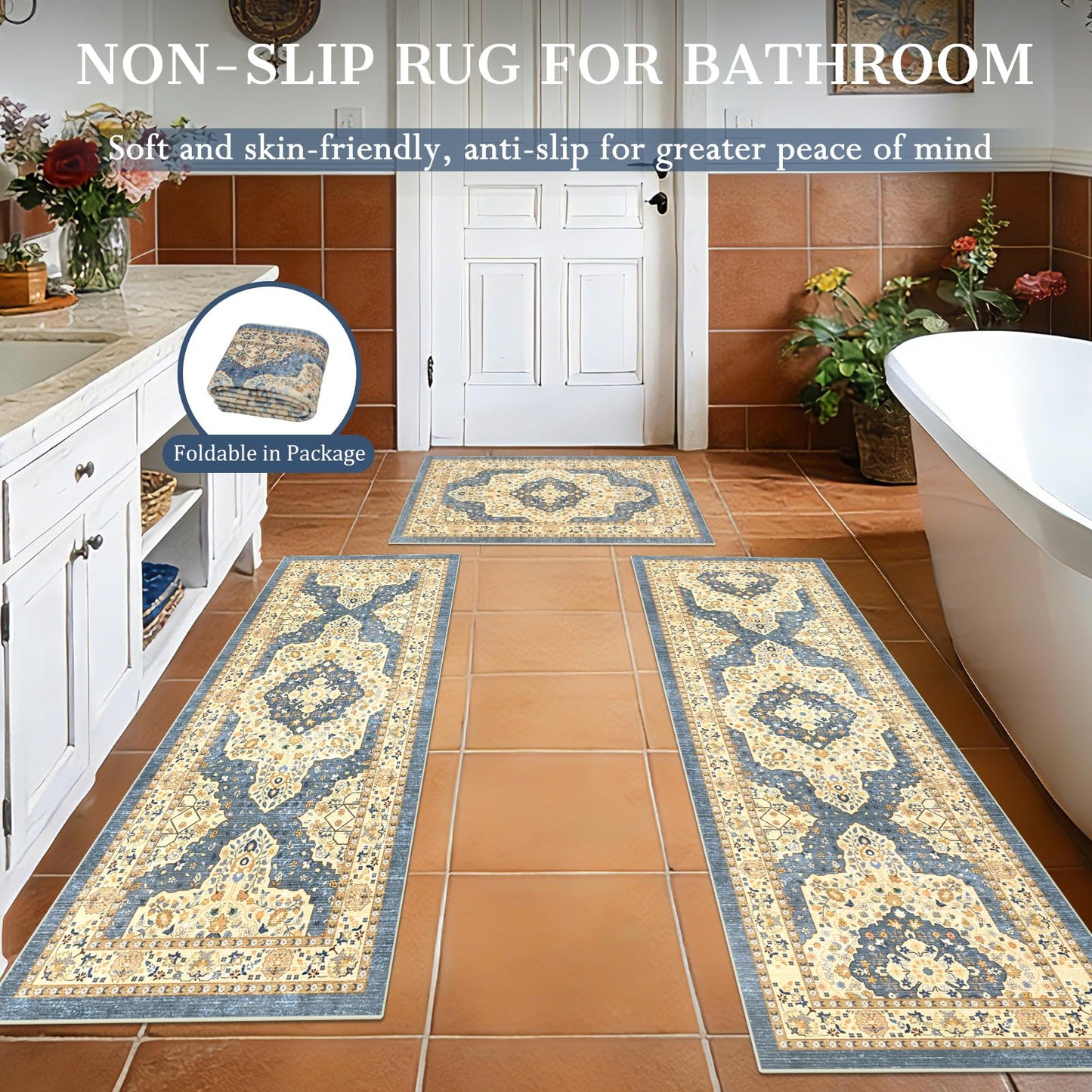 TUKDAK Boho Non-Slip Washable Kitchen Rug Set of 3, Soft Thick Stain Resistant Kitchen Floor Mats, Yellow & Blue Farmhouse Decor Rugs for Sink Front, Hallway, Bathroom, Entryway, Laundry Room