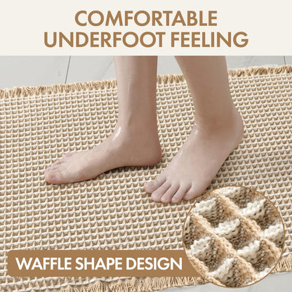 MIULEE Waffle Bathroom Runner Rugs, Super Absorbent Non Slip Bath Rug, Soft Quick Dry Washable Boho Large Beige Bath Mat with Tassels for Hallway Laundry Room Bedroom, 2'x6' (24"x72"), Brown & White
