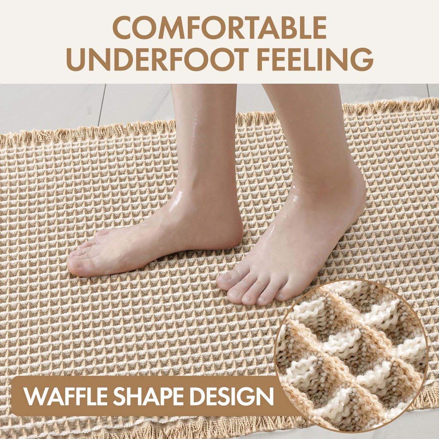MIULEE Waffle Bathroom Runner Rugs, Super Absorbent Non Slip Bath Rug, Soft Quick Dry Washable Boho Large Beige Bath Mat with Tassels for Hallway Laundry Room Bedroom, 2'x5' (24"x60"), Brown & White