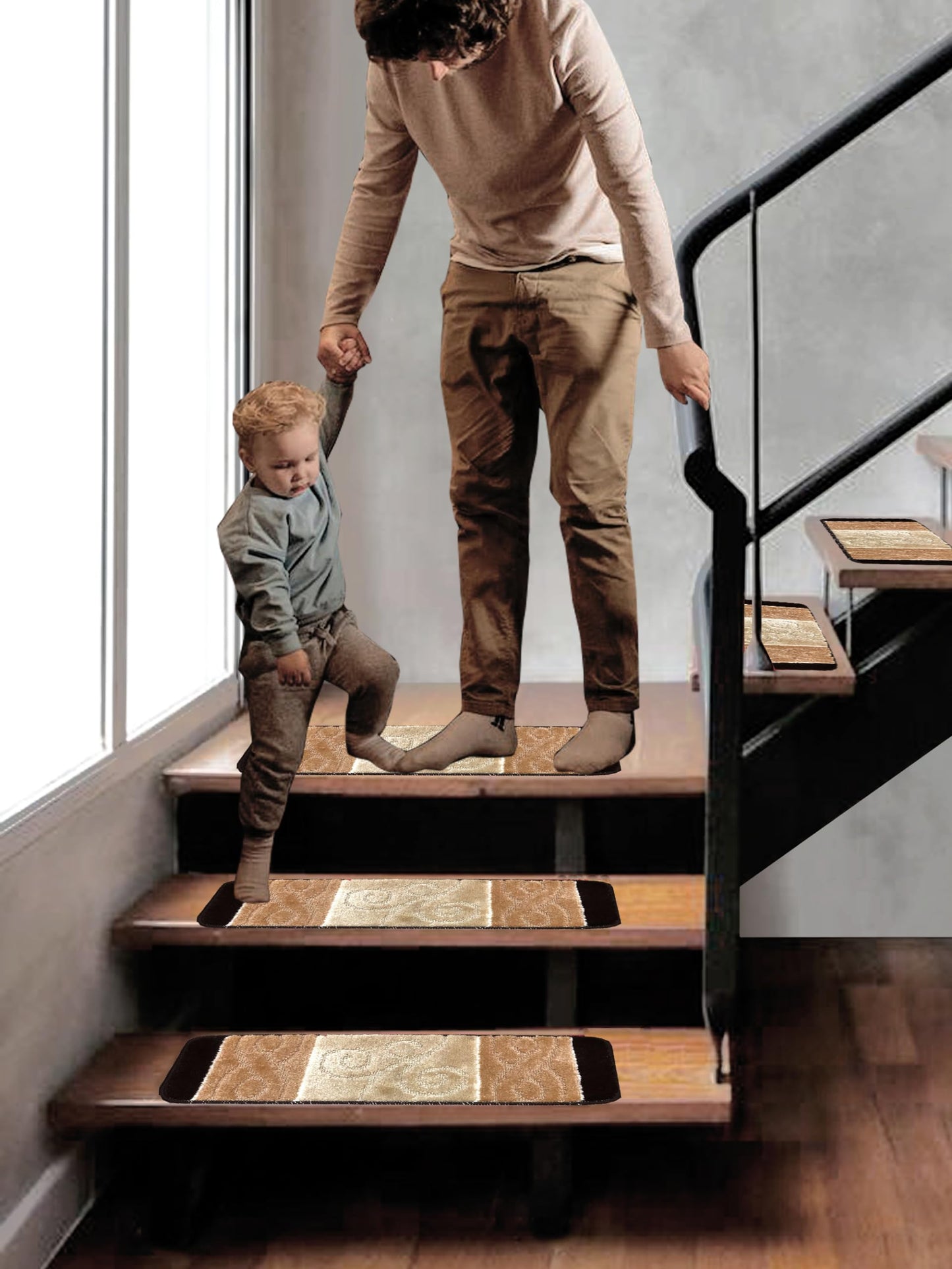 Gloria Rug High Pile Skid-Resistant Rubber Backing Gripper Carpet Stair Treads - Washable Stair Mat (Set of 7), 8.5" x 26" (2203 BGE)…