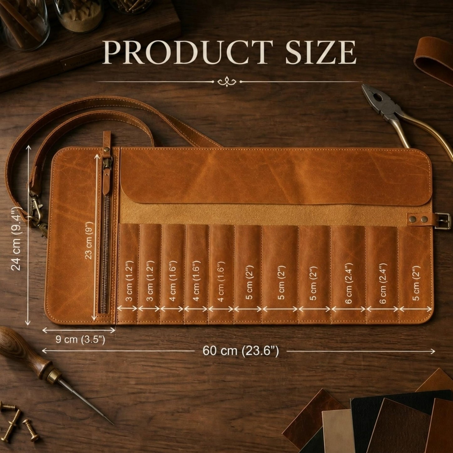TORAKIP Genuine Leather Tool Roll – Compact Roll-Up Tool Organizer with Multiple Pockets for Wrenches, Screwdrivers & Pliers – Portable Leather Tool Storage Case, Warm Brown (Tools Not Included)