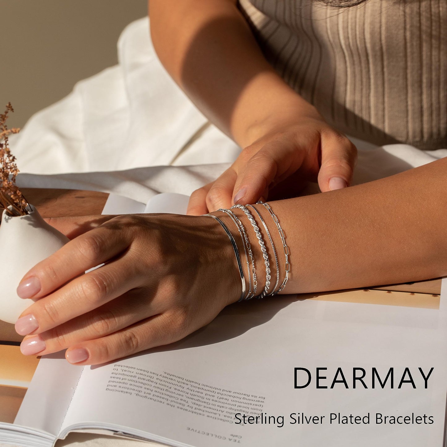 DEARMAY Dainty Silver Bracelets for Women Trendy, 925 Sterling Silver Jewelry Set Paperclip Box Herringbone Figaro Rope Chain Bracelet for Women Fashion Pack Gifts