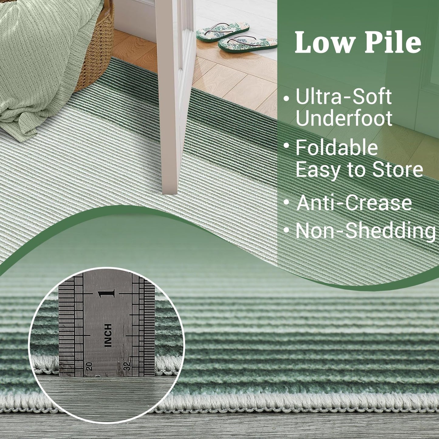 GarveeHome Washable Rug 8x10 Living Room Rug Neutral Bordered Carpet for Dining Room Solid Non Slip Low Pile Pet Friendly Large Carpet for Farmhouse Apartment Bedroom Dorm Green