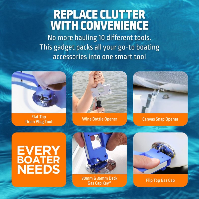Boat Gadget 10-in-1 Boat Tool, Blue - Must-Have Boat Accessory with Gas Cap Key, Fishing Line Cutter, Bottle Opener, Whistle & More - Smart Addition to Any Boat Tool Kit for Fishing, Boating & Fun