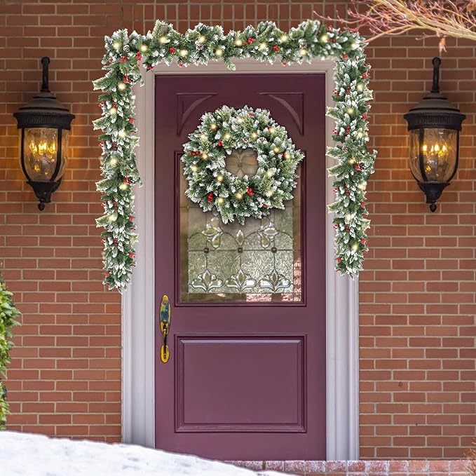 24 Inch Christmas Wreaths for Front Door with Lights,Lighted Artificial Flowering Pine Door Wreath,Prelit Faux Green Winter Wreath with Pine Cones and Red Berry for Indoor Outdoor Decor