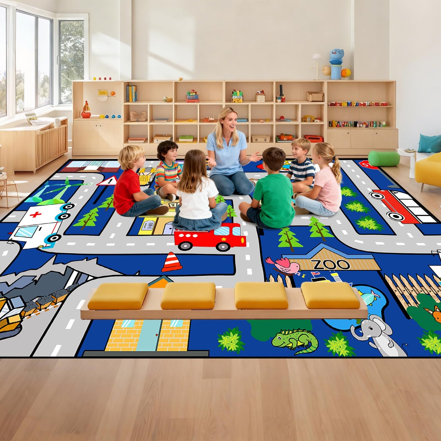 Car Rugs for Kids 6x9 Feet - Large Car Road Rug for Playroom Kids Carpet Playmat Rug City Life Road Map Carpets Classroom Nursery Kid Play Rugs, Blue
