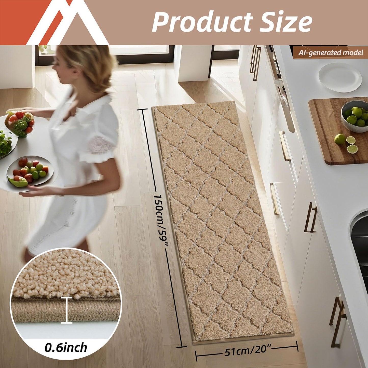 COSY HOMEER Soft Floor Mats for in Front of Sink Super Absorbent Kitchen Rugs 20"x59" Non-Skid Standing Mat Washable,Polyester,Beige