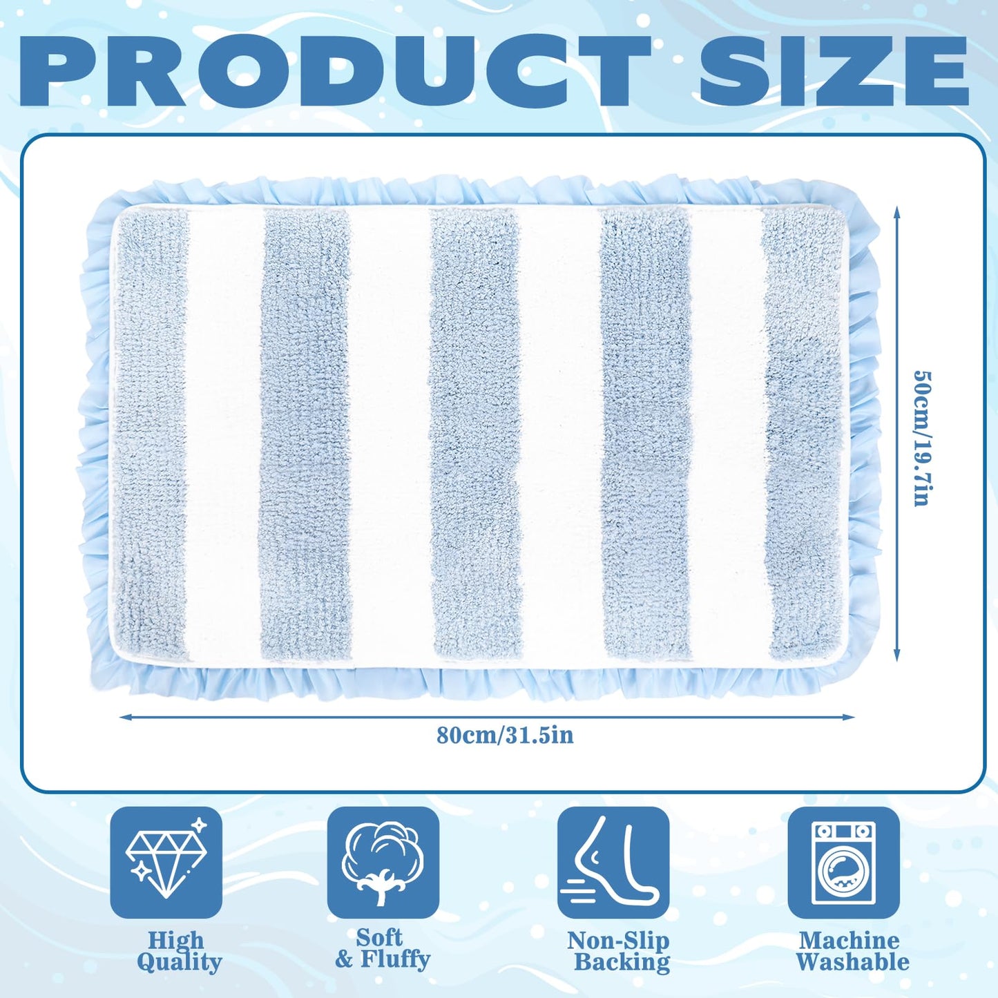 JarThenaAMCS Coastal Scalloped Striped Bath Mat with Ruffled Edges 20 x 32'' Blue White Bathroom Rug Cute Microfiber Aesthetic Bath Mat Non Slip Washable Absorbent Ocean Room Decor for Summer Gift