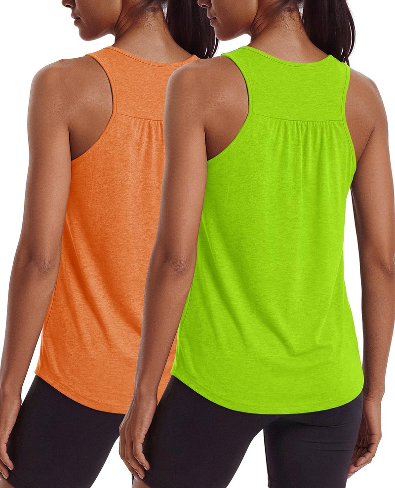 PINSPARK Womens Workout Tank Tops Racerback Atheltic Running Shirts Moisture Wicking Yoga Muscle Tanks Slim Fit Summer Exercise Top,Neon Green/Orange 3XL