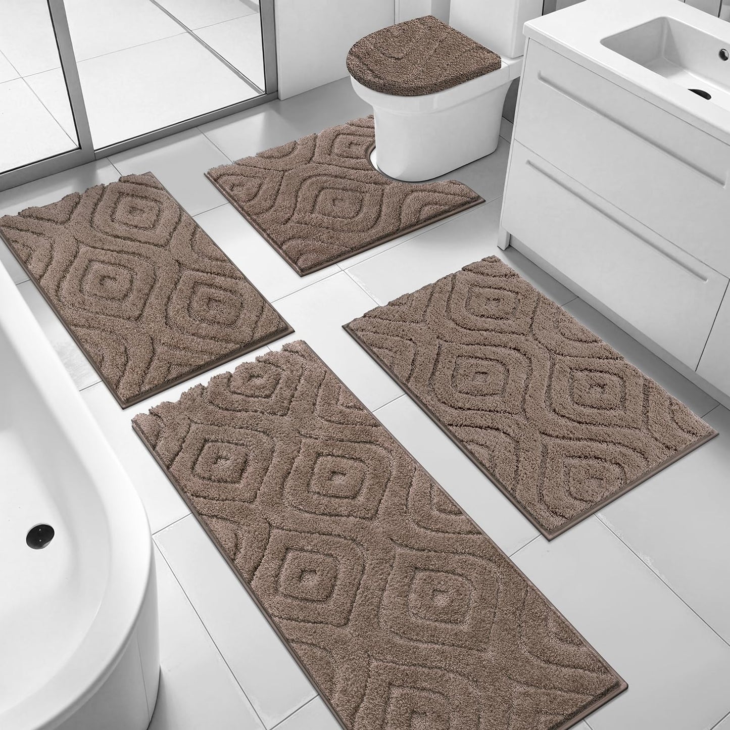 Ileading Bathroom Rugs Sets 5 Piece, Ultra Soft Absorbent Bath Mat for Bathroom, Non Slip Washable Bath Rug Set with Toilet Cover, Plush Bath Runner and U-Shaped Contour Toilet Rug, Coffee